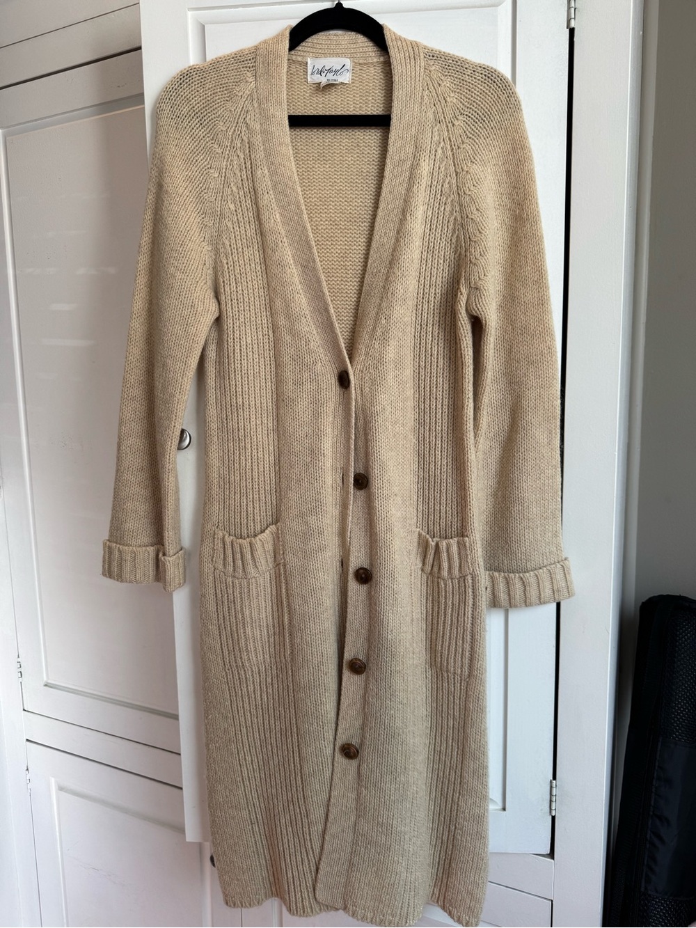 Vintage Lord & Taylor Long Beige Ribbed Button-Front Cardigan